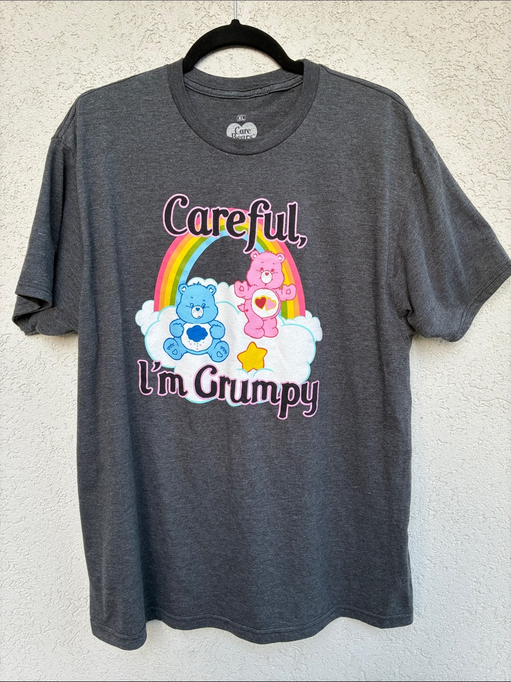Care Bears graphic Tee. “Careful, I'm Grumpy”  Dark heather grey  Grumpy Bear